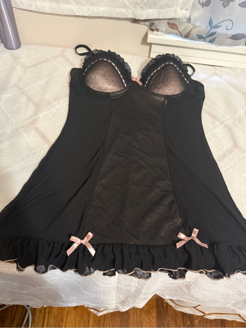 Black Lace-Trim Chemise with Pink Ribbon Details